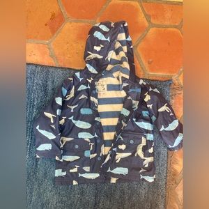 Toddler size 2 Hatley terry lined whale and stripe raincoat